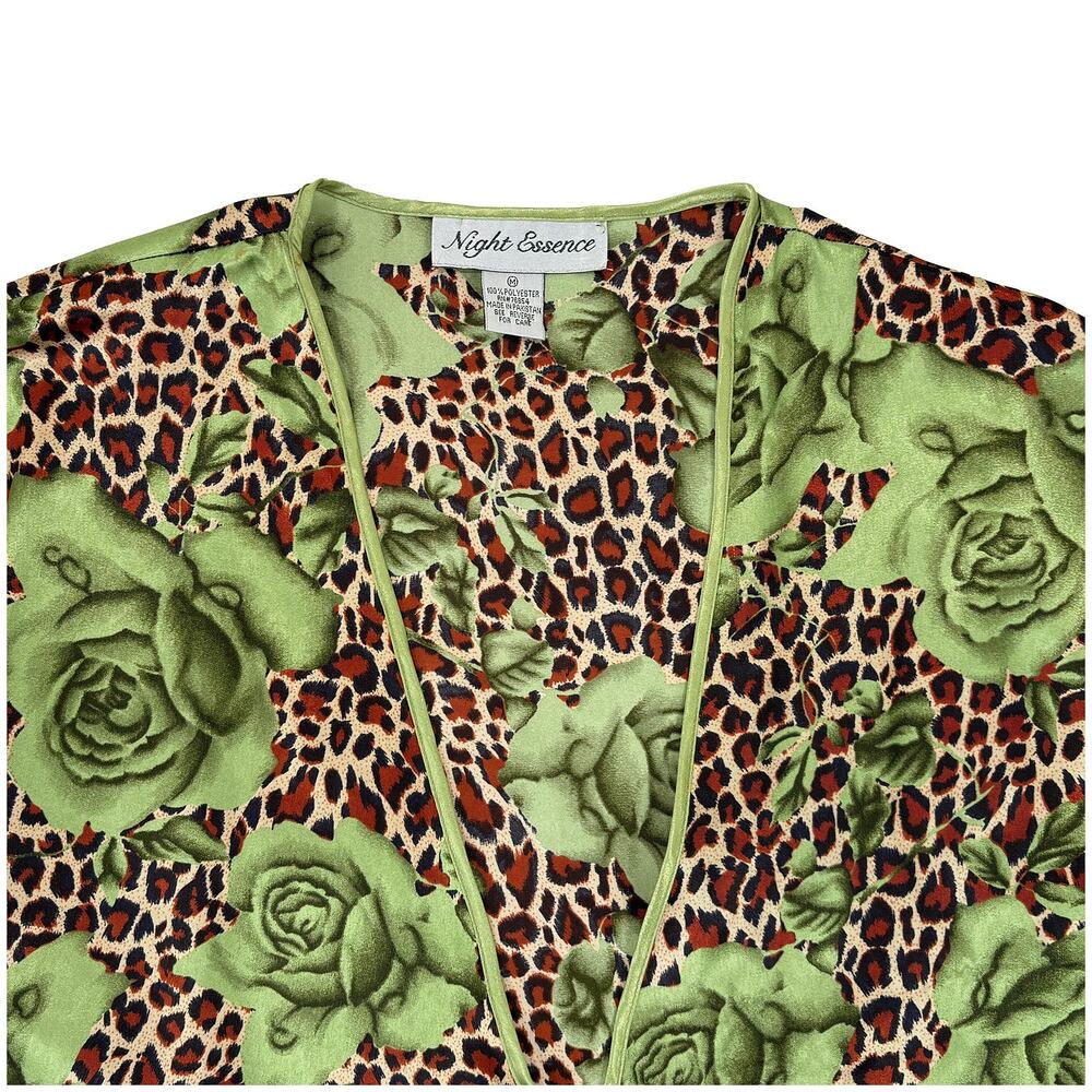 VTG Night Essence Satin Robe Sz M Green Floral Leopard Short Statement Kimono